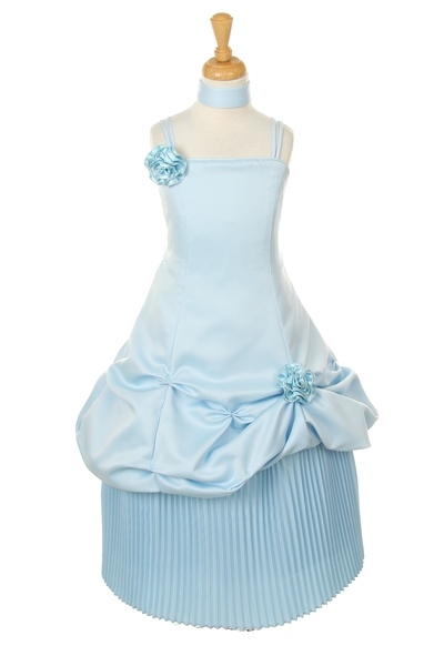 blue long dress with accordion pleated hemline